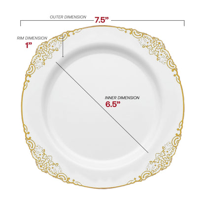 Features 7.5" round white appetizer plates with elegant gold rims for refined starters at stylish celebrations