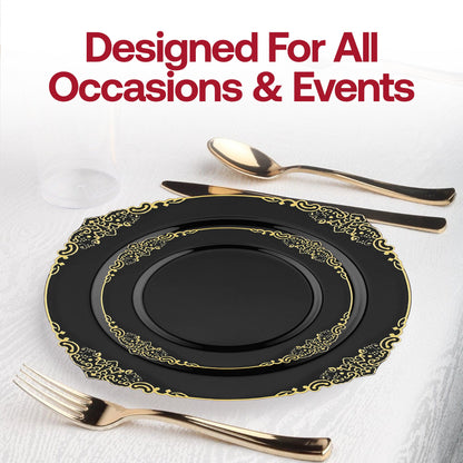 Formal dinner arrangement using Black with Gold Fancy Round Plates, perfect for weddings and gala-style events