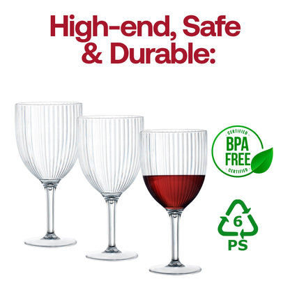 Formal dinner setup featuring 13 oz Clear Ribbed Plastic Wine Glasses elegantly placed at each guest’s table setting
