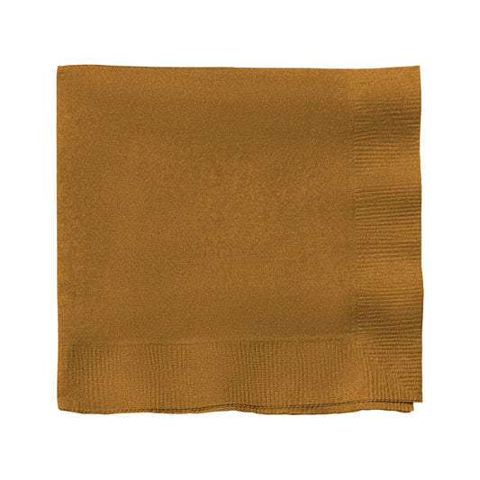 Glittering gold paper cocktail napkins, 10" x 10", soft, absorbent, and stylish, ideal for serving drinks and appetizers.