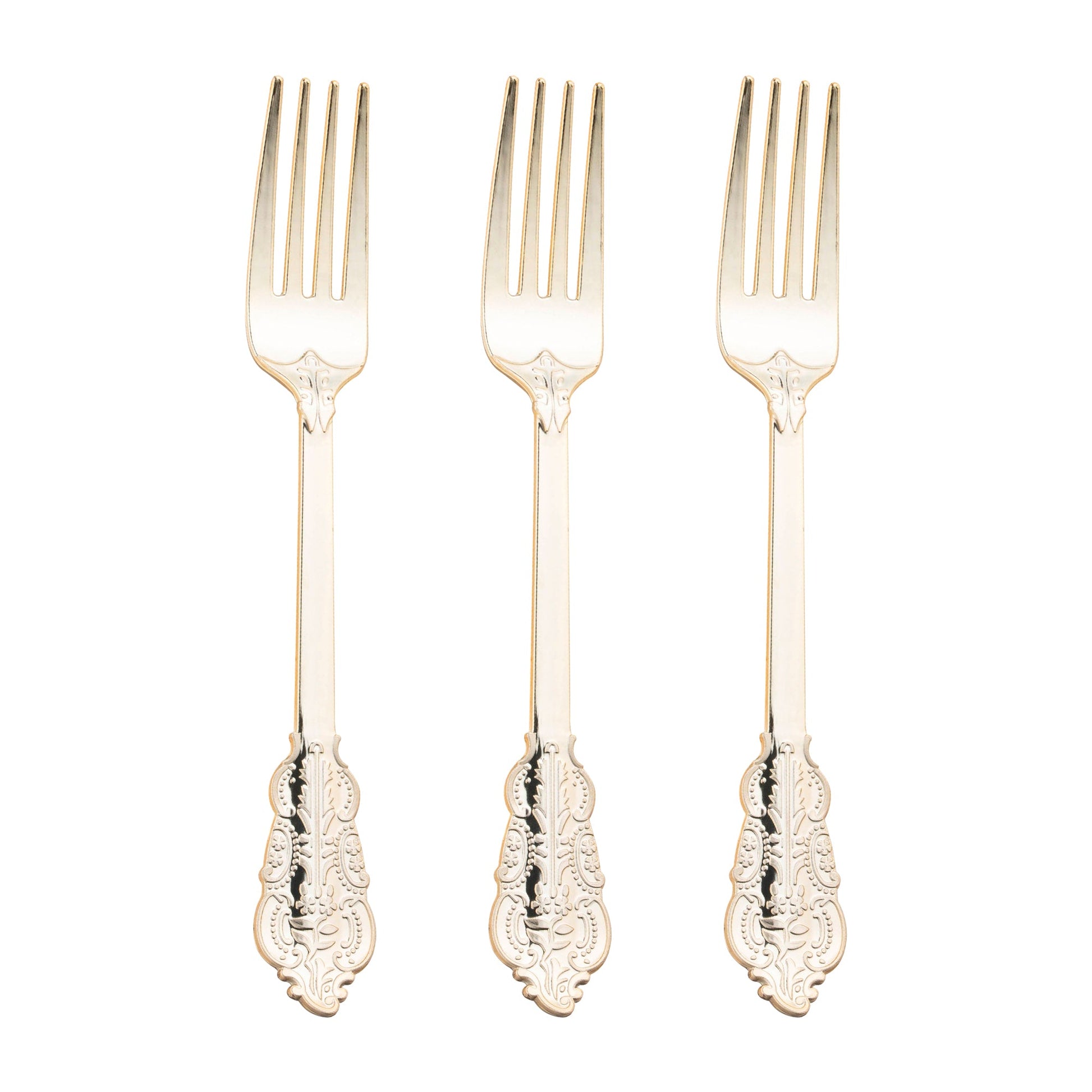 Gold baroque plastic forks for weddings and events, 7.4 inches, 600-pack – Sophisticated disposable forks with an elegant, detailed design.
