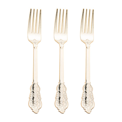 Gold baroque plastic forks for weddings and events, 7.4 inches, 600-pack – Sophisticated disposable forks with an elegant, detailed design.