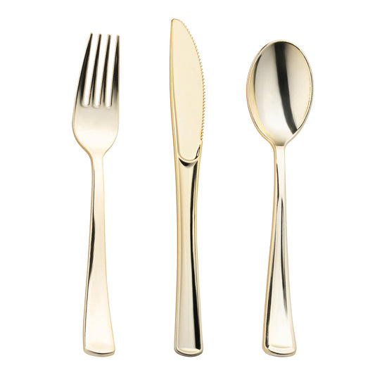 Gold classic plastic silverware set, sized between 6.25” - 8”, perfect for serving 120 guests