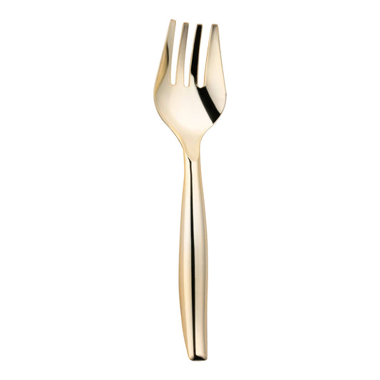 Gold disposable plastic serving fork, 9.75 inches long, ideal for buffets, parties, and catering, case of 60.