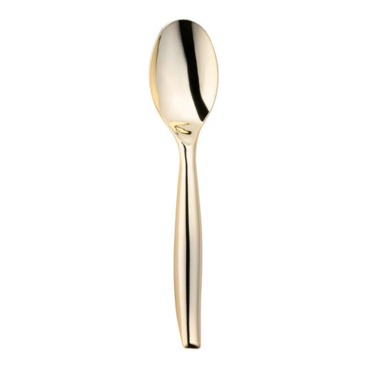 Gold disposable plastic serving spoon, 9.75 inches long, perfect for buffets and catering, case of 60.