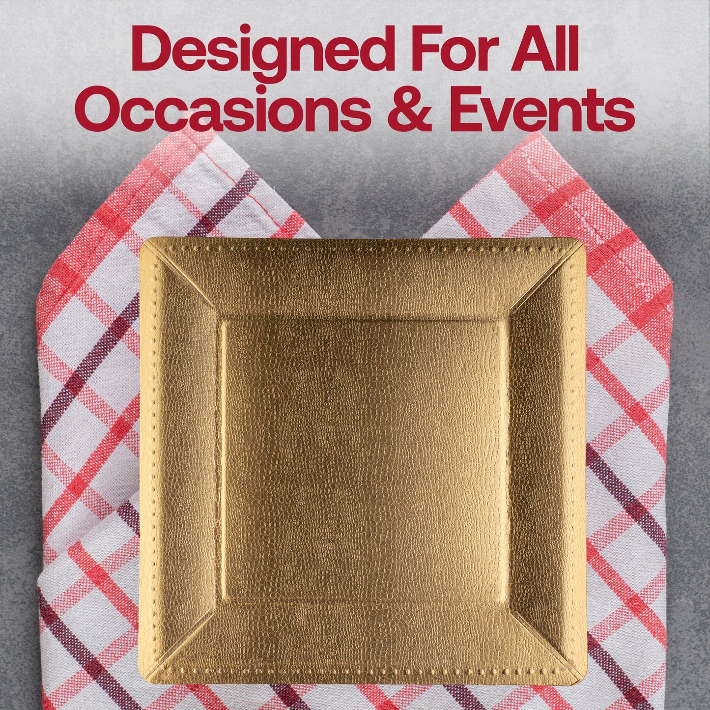 Gold square edge beaded disposable paper charger plates, perfect for upscale events