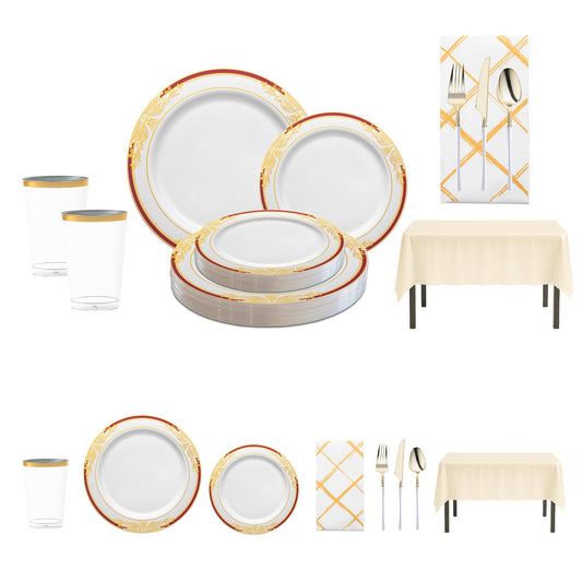 Grateful Hearts Thanksgiving Set with white, burgundy, and gold rim plates arranged for a fall feast.