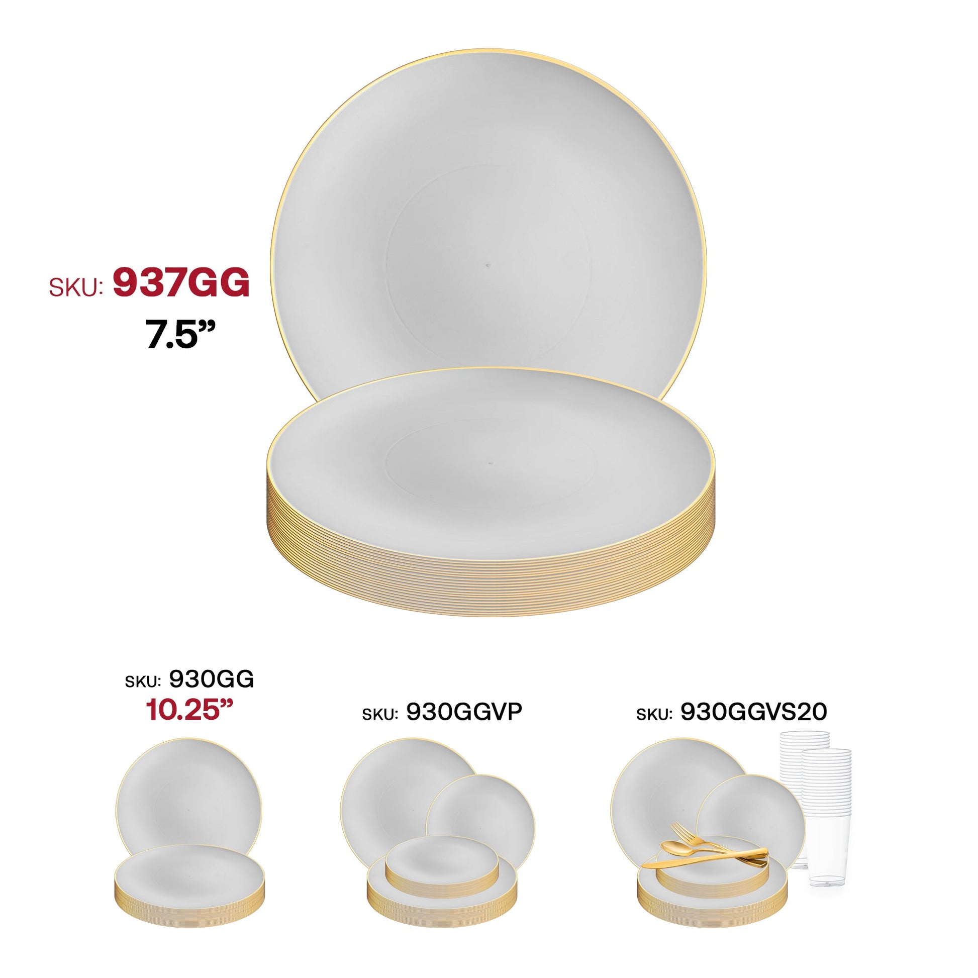 Gray and gold round plastic plates designed for appetizers or salads, 7.5-inch diameter, disposable and sold in a 120-pack