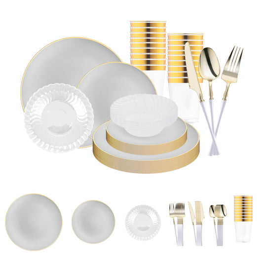 Gray with Gold Organic Disposable Plastic Tableware Set brings modern refinement and golden warmth to elegant hosted occasions