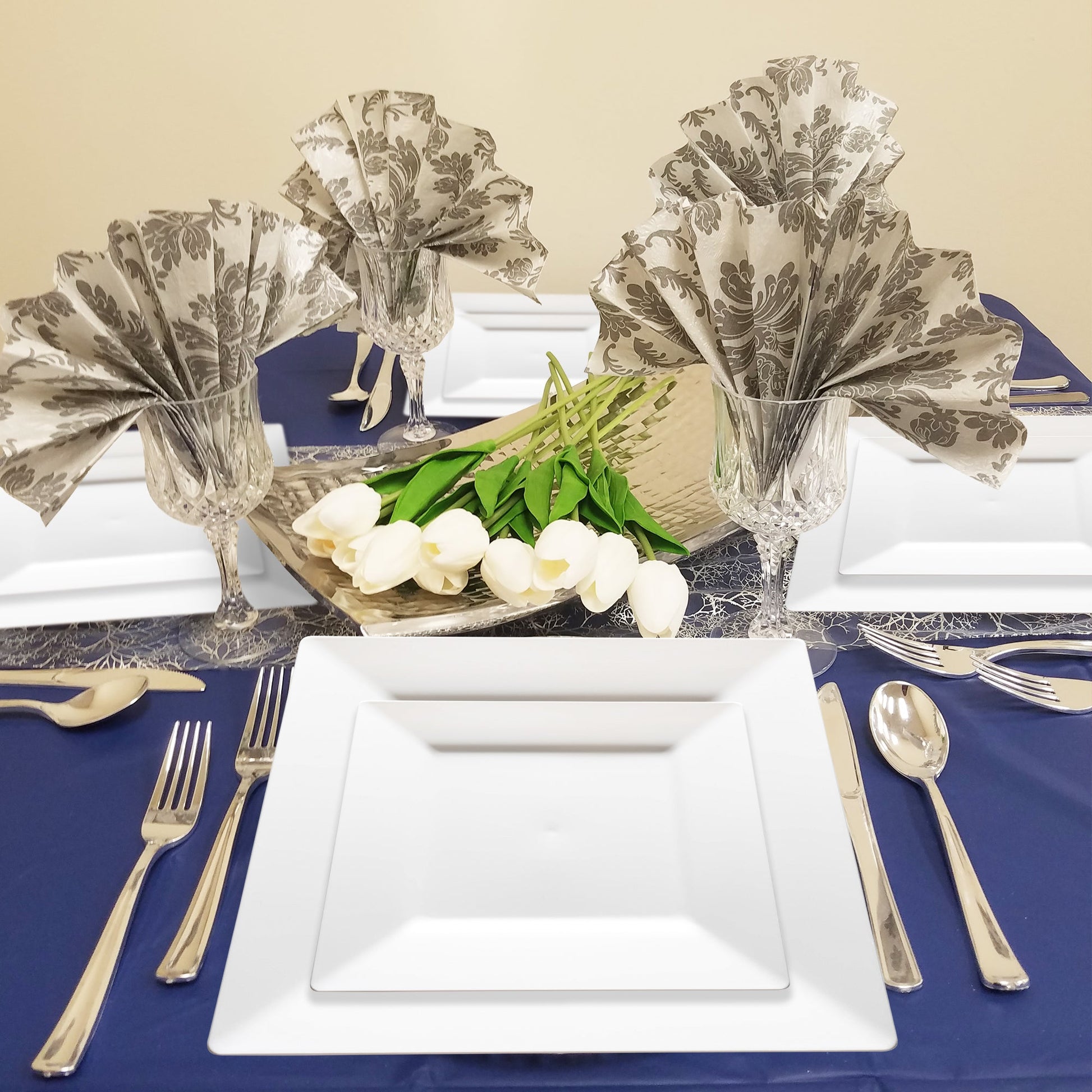 Guests sampled pastries from White Square Pastry Plates at a baby shower with white floral decor