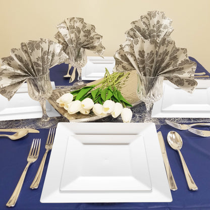 Guests sampled pastries from White Square Pastry Plates at a baby shower with white floral decor