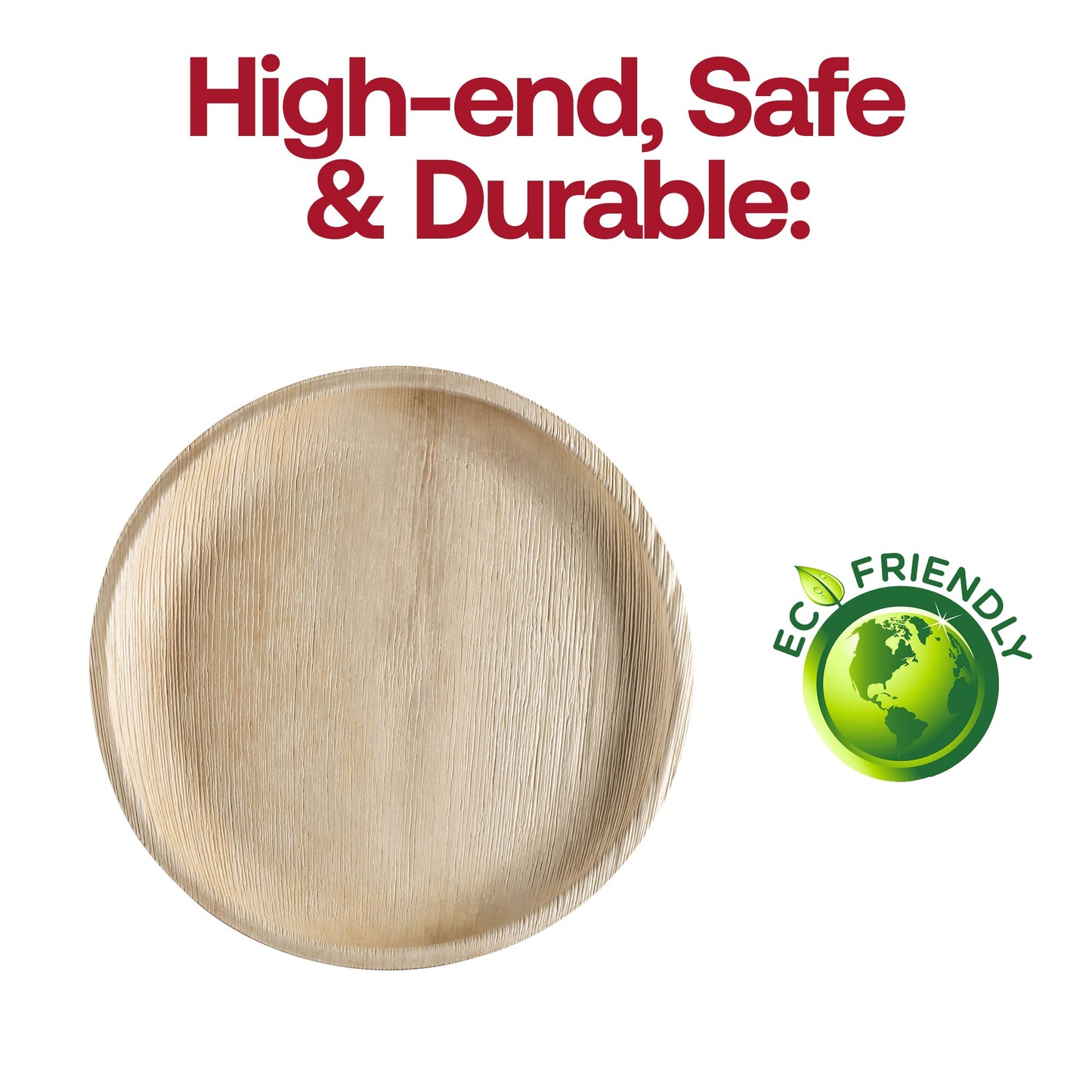 High-quality round palm leaf platters, 12-inch diameter, durable, food-safe