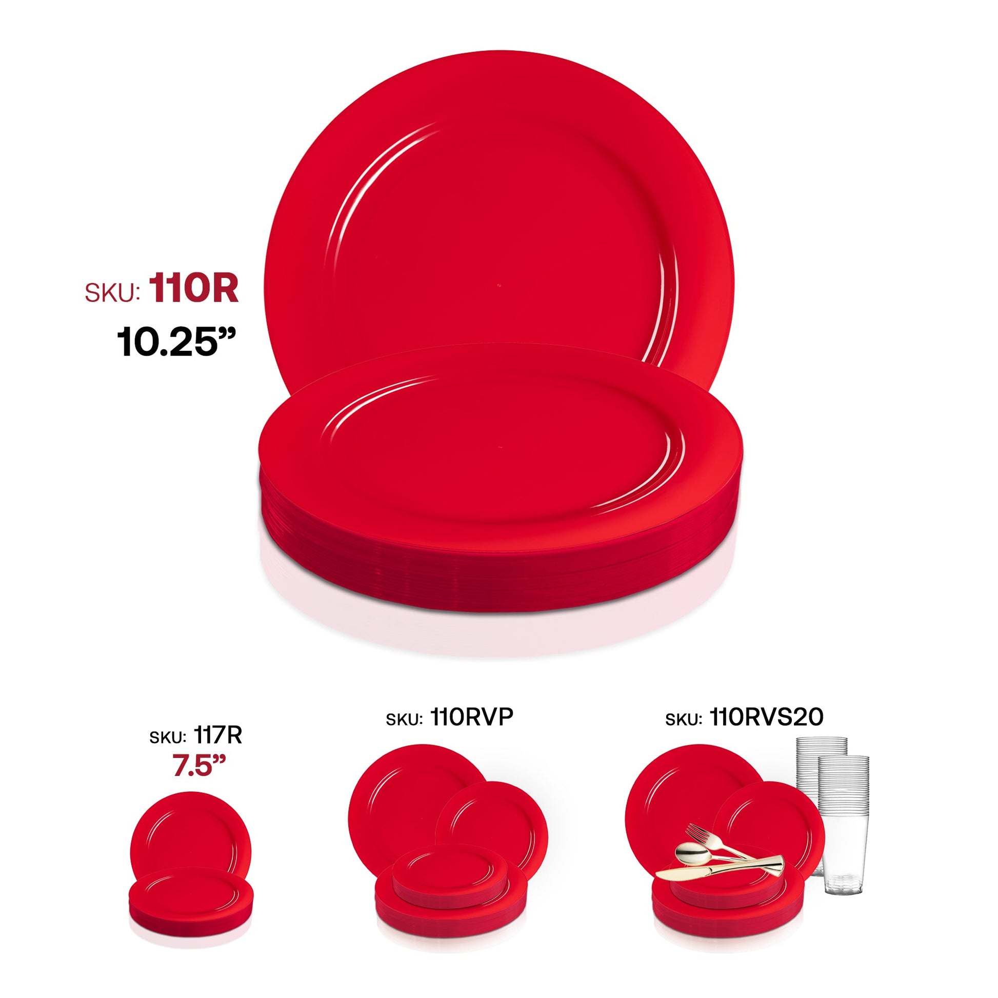 Holiday-themed solid red round disposable dinner plates, made of plastic