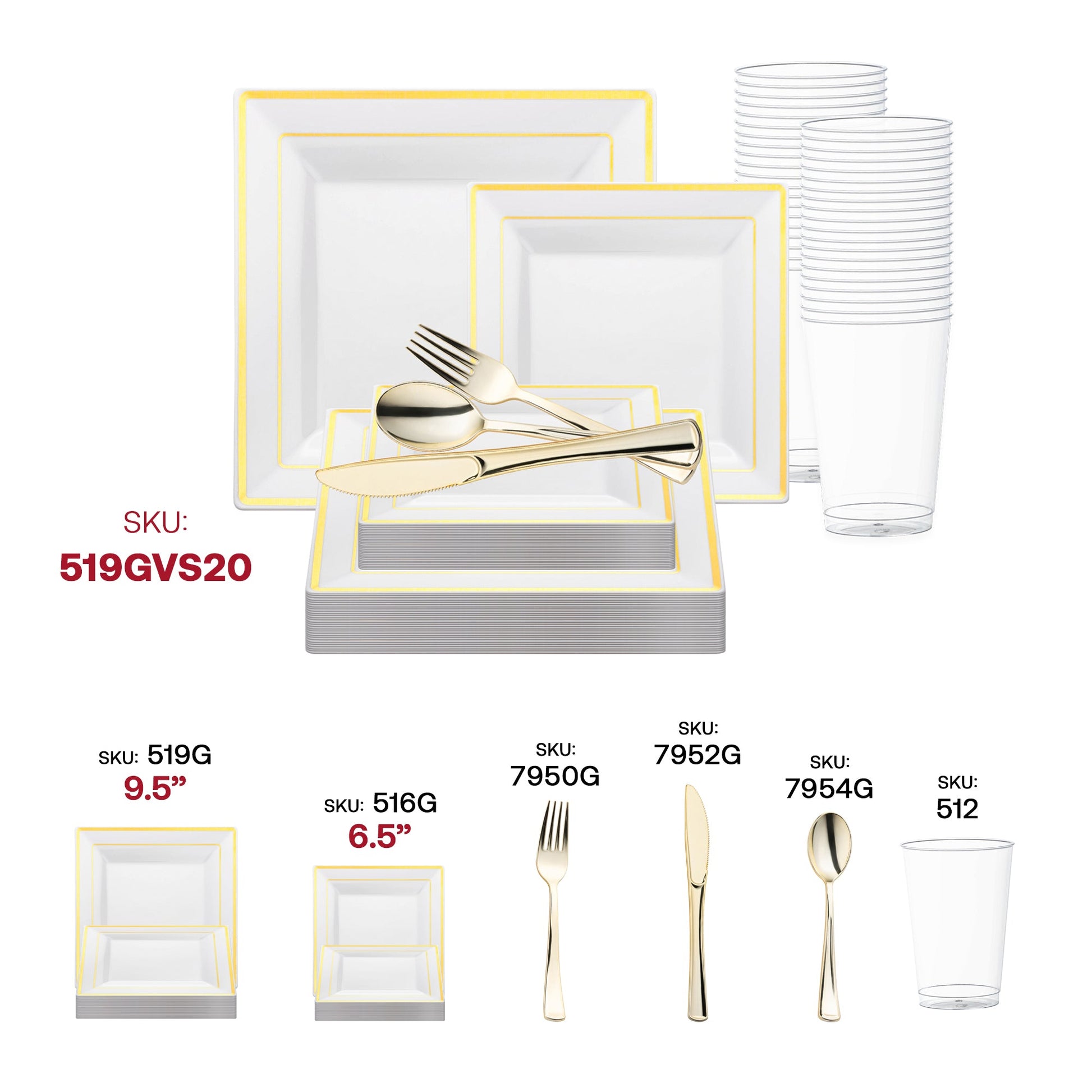 Host a chic reception accented by the White with Gold Square Edge Rim Plastic Wedding Value Set and luxurious gold details