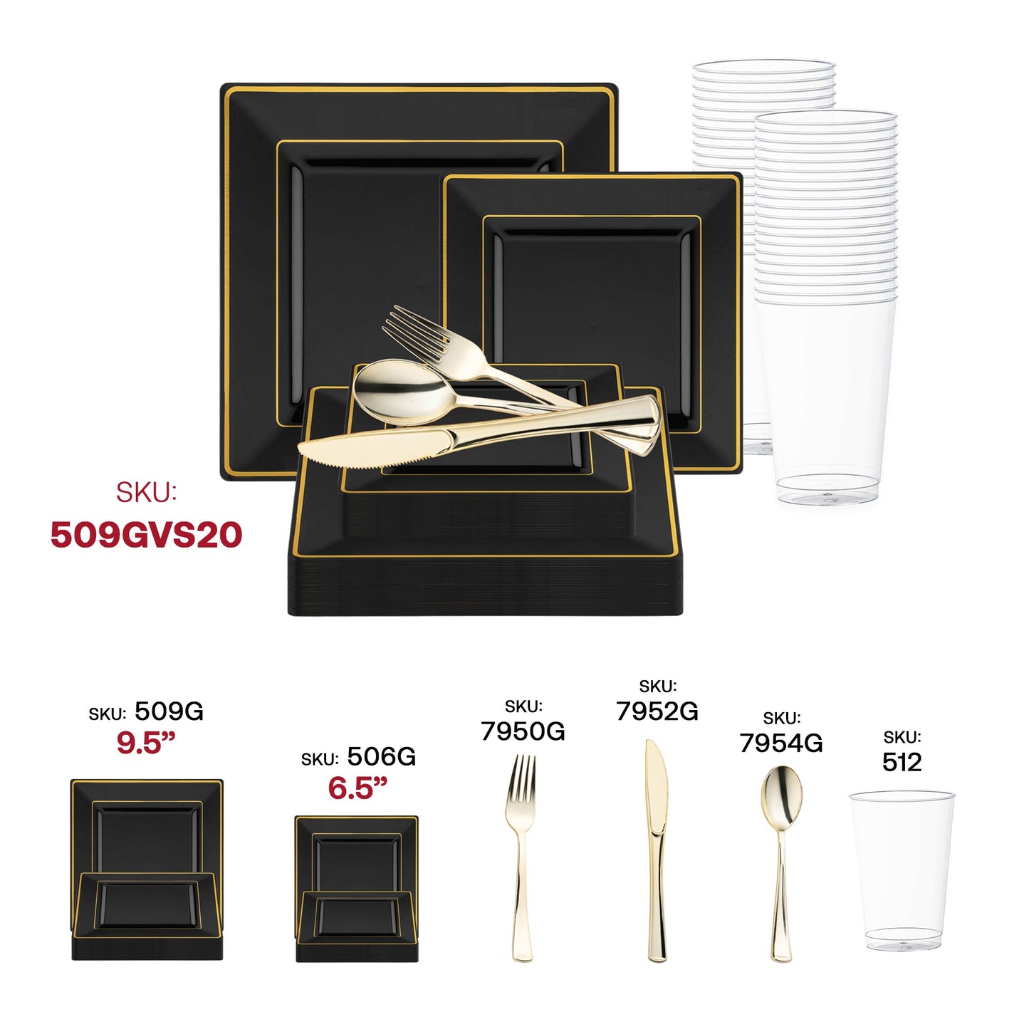 Host a luxurious reception with the Black with Gold Square Edge Rim Plastic Wedding Value Set, showcasing stunning gold details