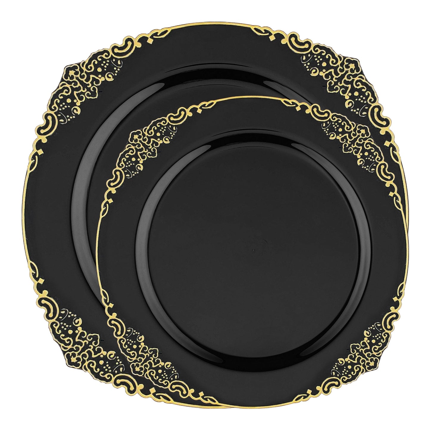 Host glamorous events effortlessly with the Black with Gold Fancy Round Disposable Plate Set, designed for elegant dining