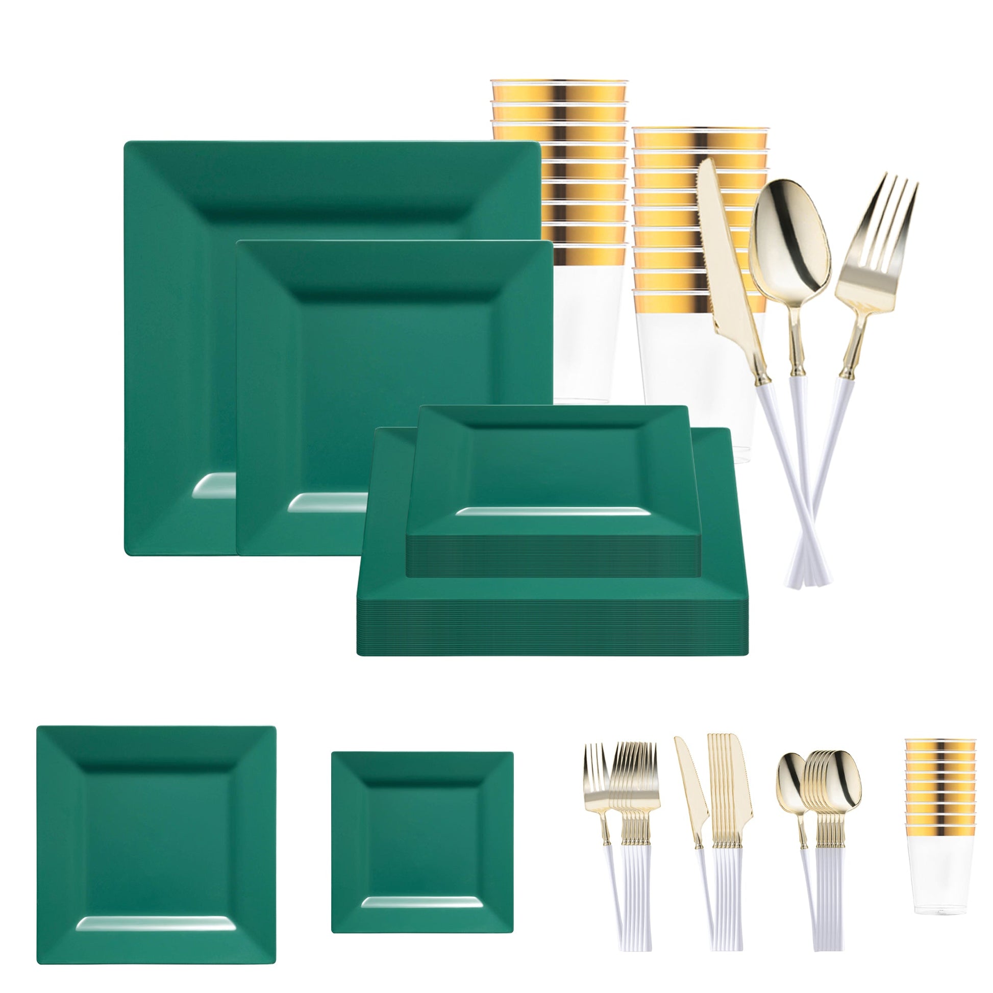 Hunter Green Square Disposable Plastic Tableware Set with gold and white-handled cutlery brings vibrant elegance to formal events