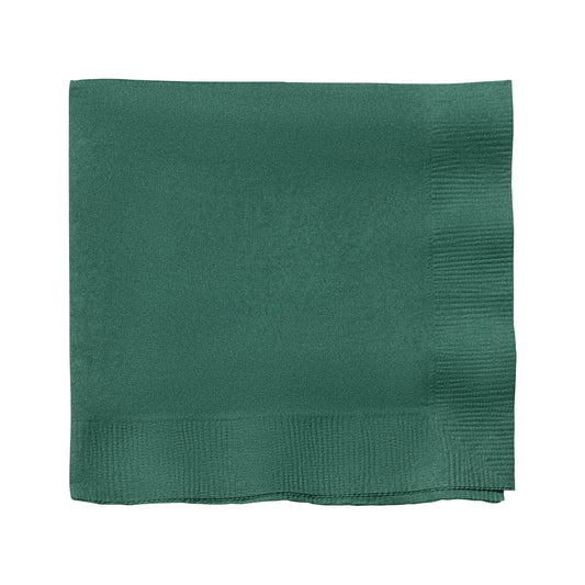 Hunter green paper cocktail napkins, 10" x 10", soft, absorbent, and stylish, ideal for serving drinks and appetizers.
