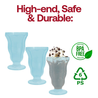Ice cream bar display featuring the Transparent Blue Milkshake Plastic Cups filled with colorful milkshakes and toppings