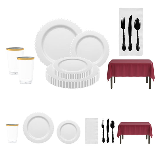 Impress guests with white pearl plates and burgundy touches from this elegant game day dinnerware set.