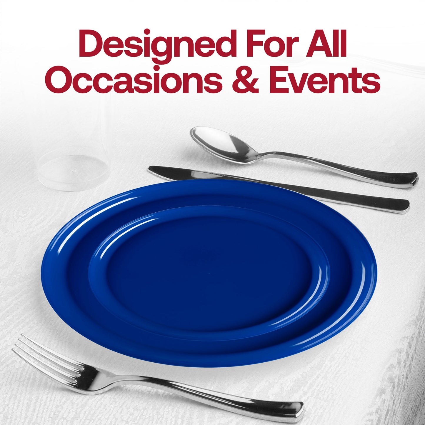 Impress your guests with the Solid Blue Flat Round Disposable Plastic Wedding Value Set, designed for both casual and formal gatherings, ensuring sophistication and ease