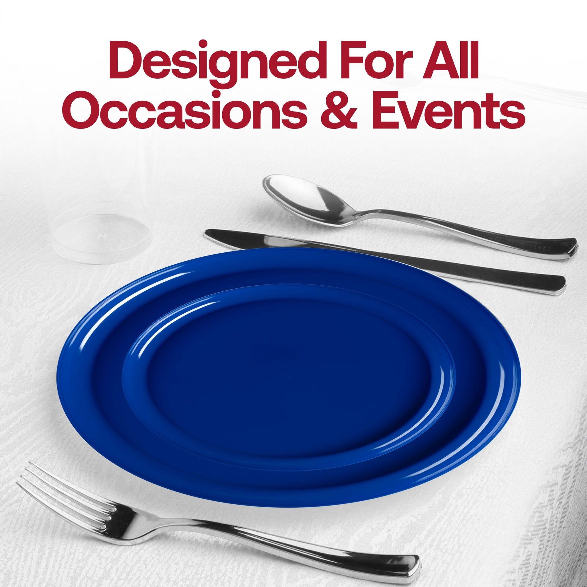 Impress your guests with the Solid Blue Flat Round Disposable Plastic Wedding Value Set, designed for both casual and formal gatherings, ensuring sophistication and ease