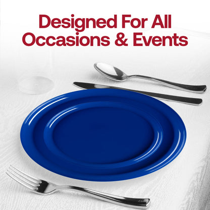 Impress your guests with the Solid Blue Flat Round Disposable Plastic Wedding Value Set, designed for both casual and formal gatherings, ensuring sophistication and ease
