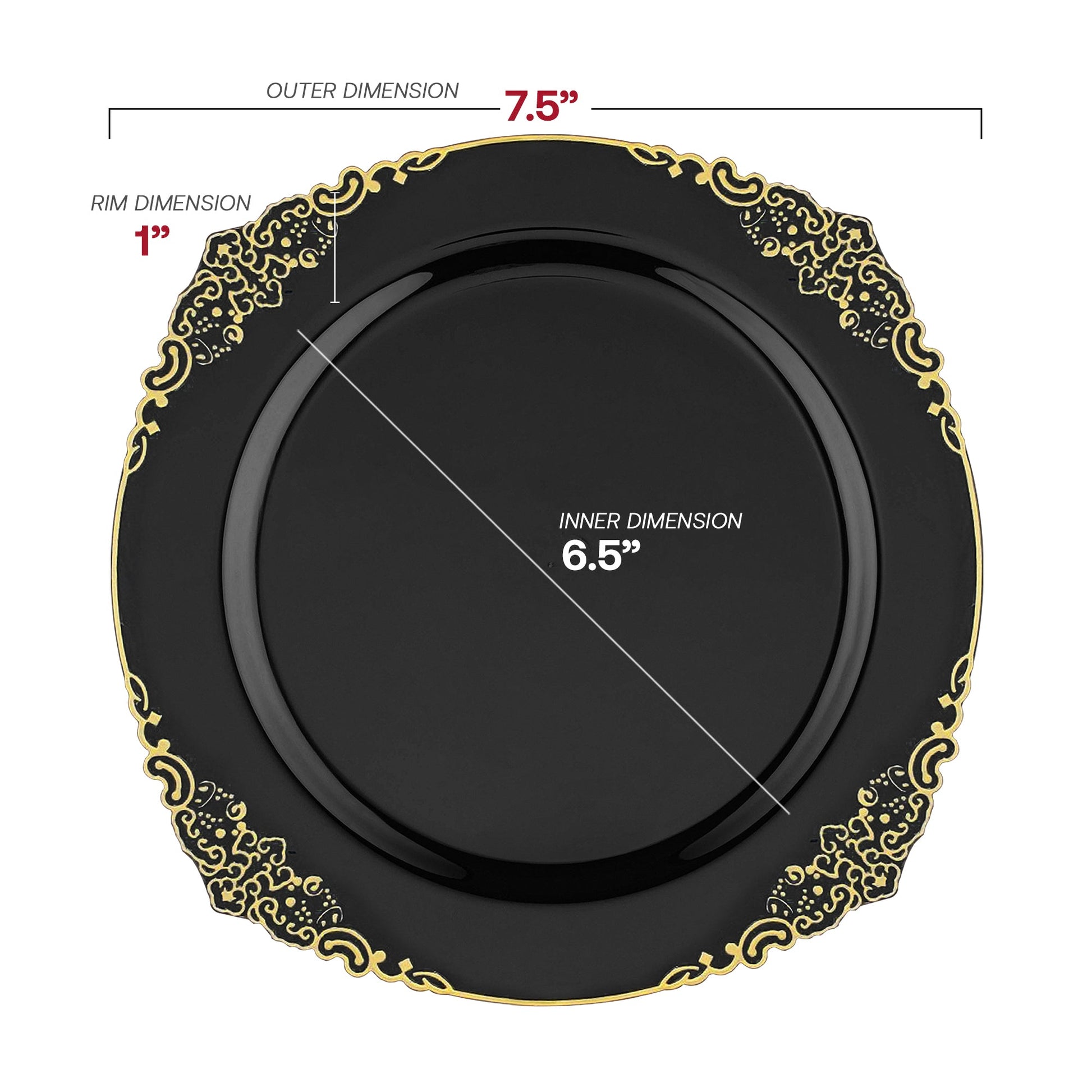 Includes 7.5" appetizer plates and 10.25" dinner plates from the Black with Gold Fancy Round Dinnerware Set