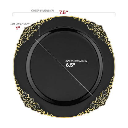 Includes 7.5" appetizer plates and 10.25" dinner plates from the Black with Gold Fancy Round Dinnerware Set