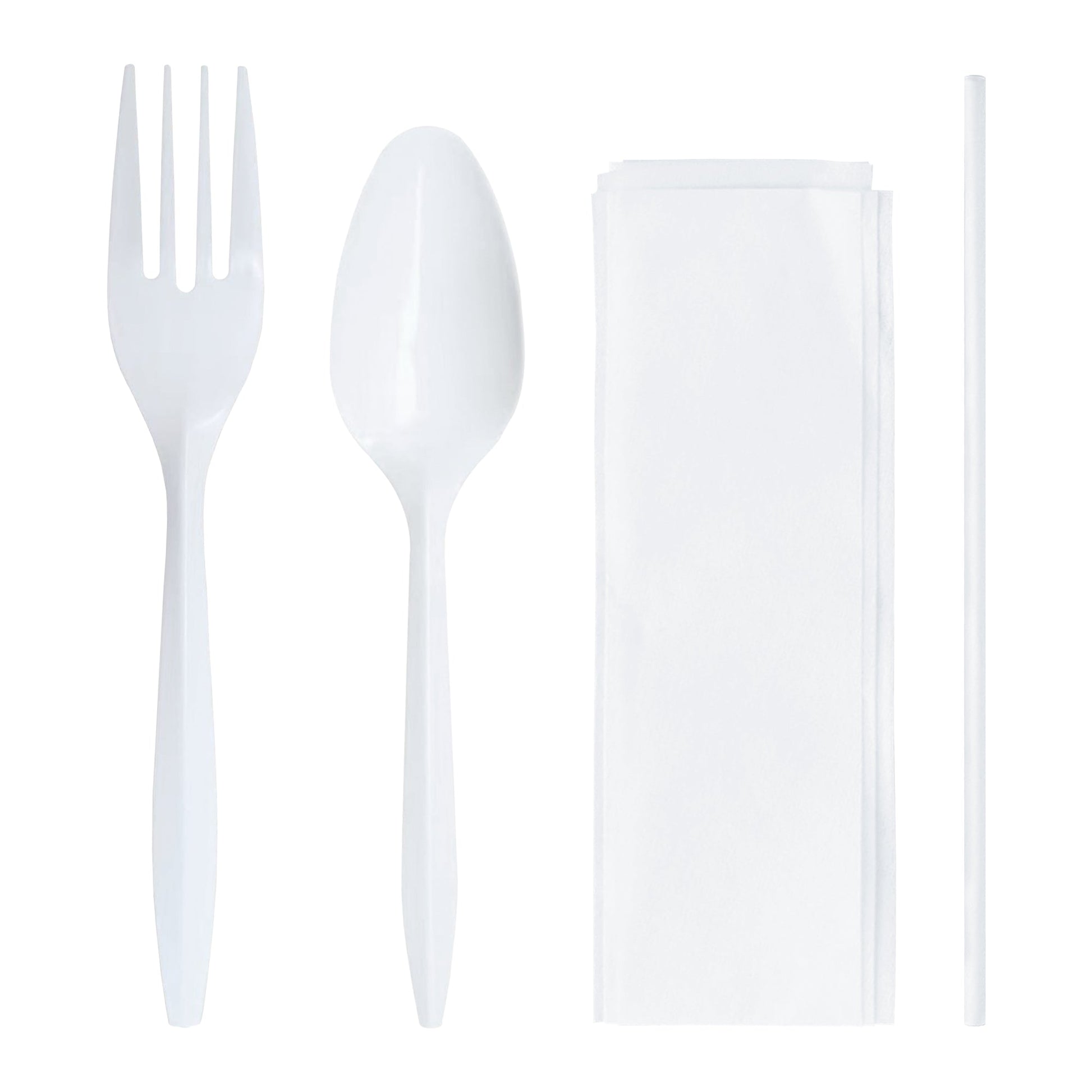 Individually wrapped MW Cutlery Kit with fork, teaspoon, straw, and napkin for sanitary use