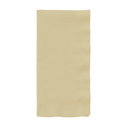 Ivory paper dinner napkin measuring 16 x 16 inches, folded neatly, from a bulk pack of 600 napkins.