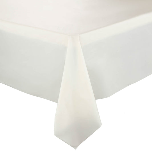 Ivory rectangular disposable plastic tablecloth measuring 54 x 108 inches, ideal for parties, events, and gatherings, sold in a 96-pack.