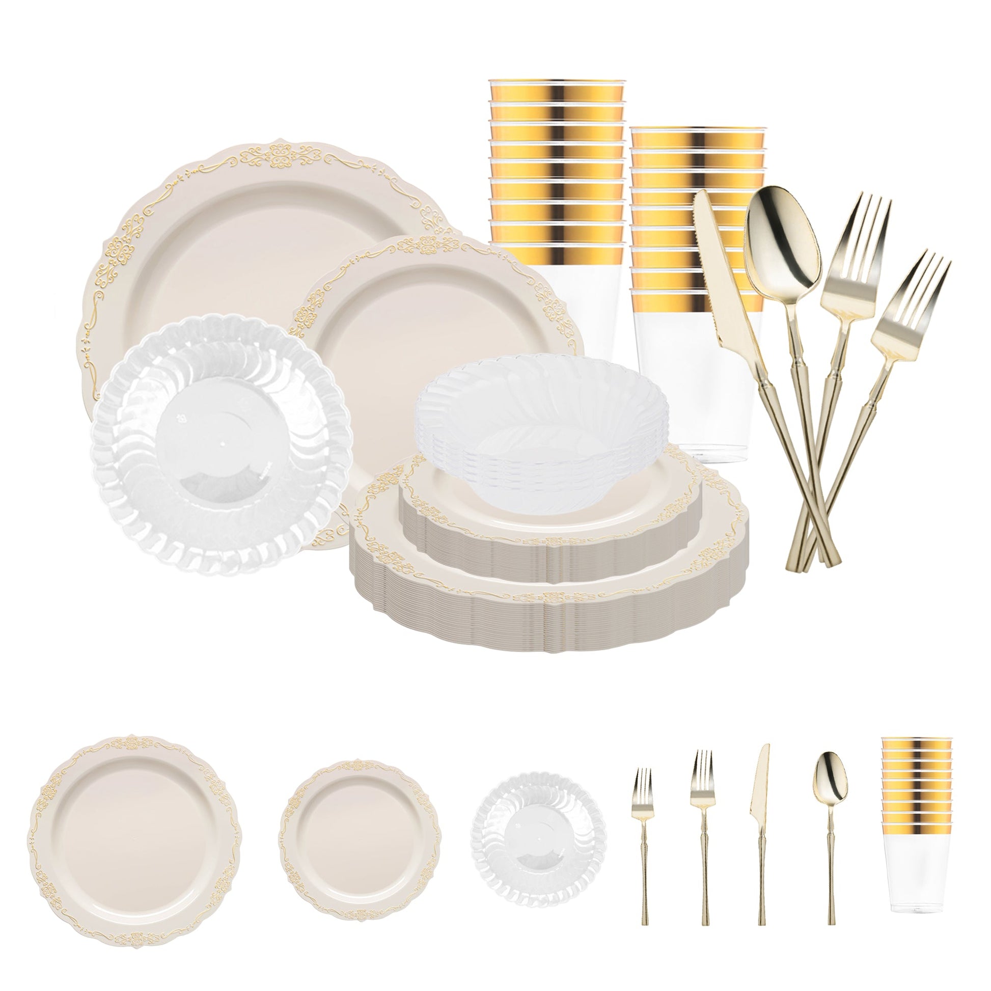 Ivory with Gold Vintage Disposable Plastic Tableware Set brings refined charm and classic elegance to stylish formal occasions