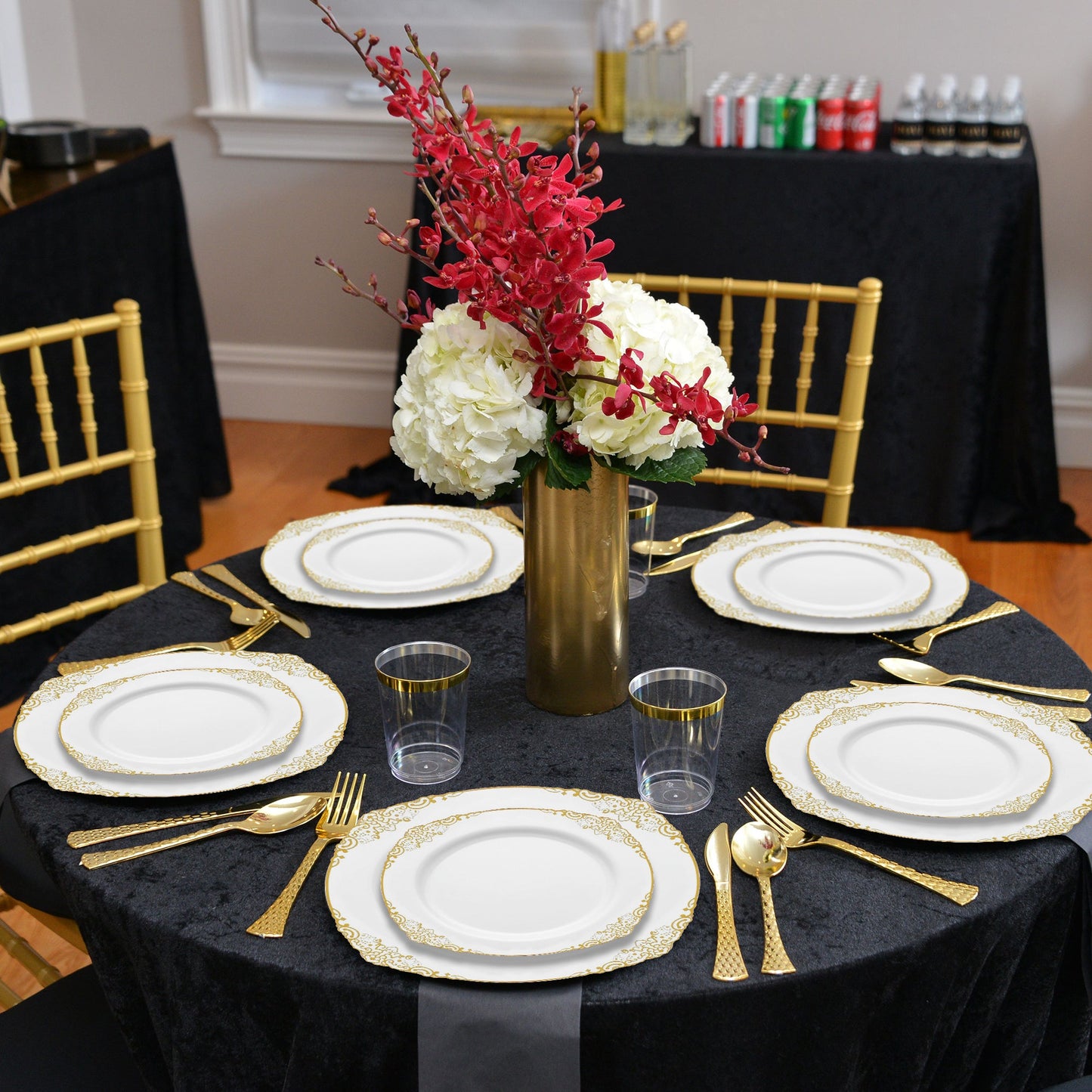 Labeled 10" dinner and 7" appetizer plates featured from the complete White with Gold Fancy Set, SKU 8880-WHGVP