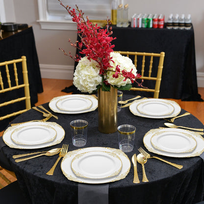 Labeled 10" dinner and 7" appetizer plates featured from the complete White with Gold Fancy Set, SKU 8880-WHGVP