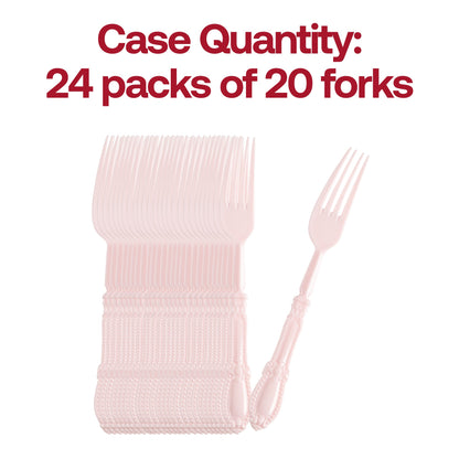 Large 480-piece case of pink plastic Baroque dinner forks, 8 inches, ideal for big gatherings