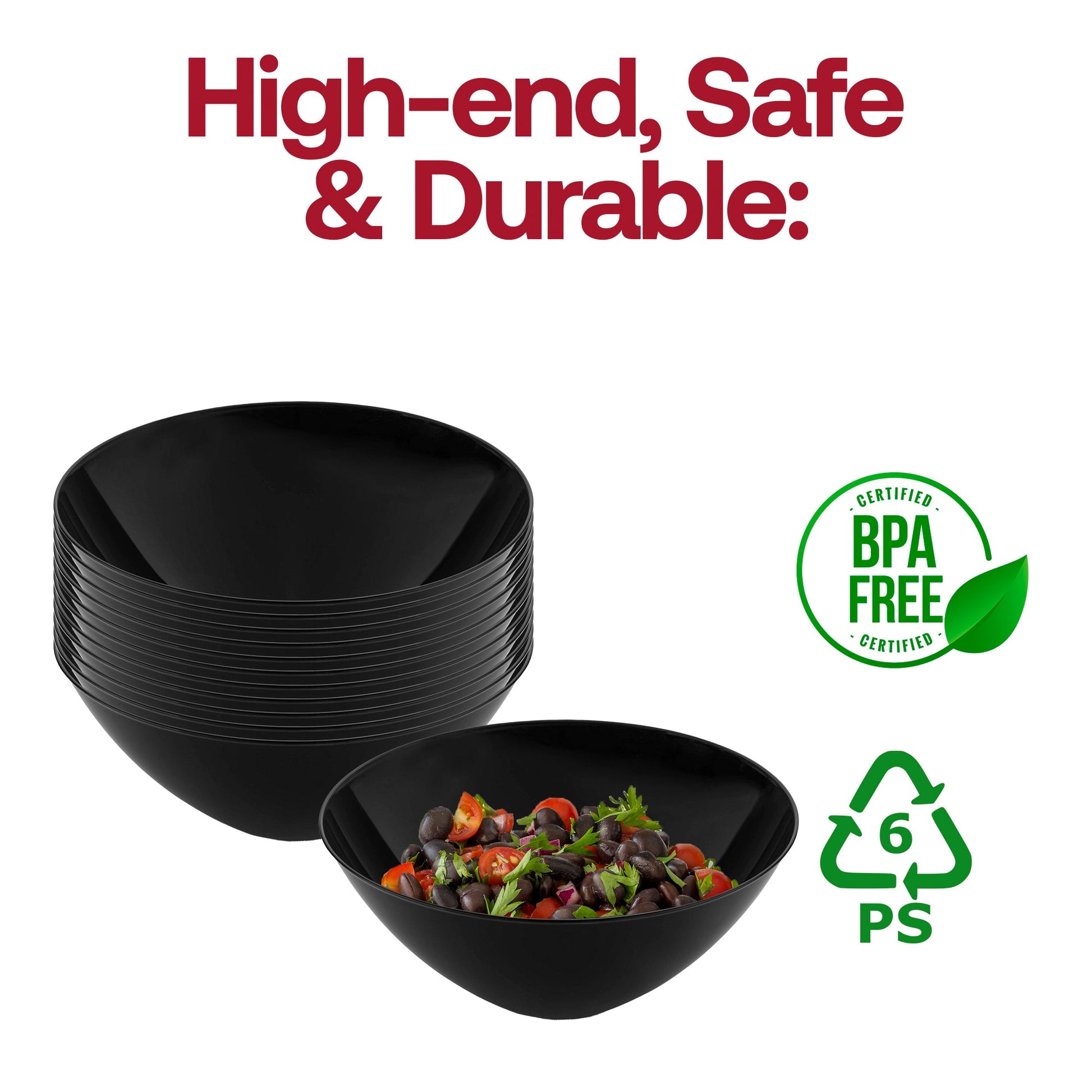 Large disposable plastic bowls, solid black design with round edges, 100 oz. capacity, BPA-free