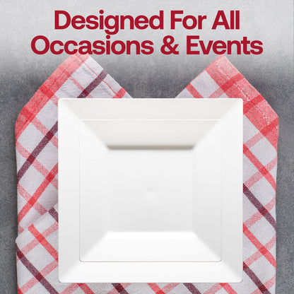 Lightweight and disposable white square plastic appetizer plates, 8-inch size, easy to use for casual or formal dining