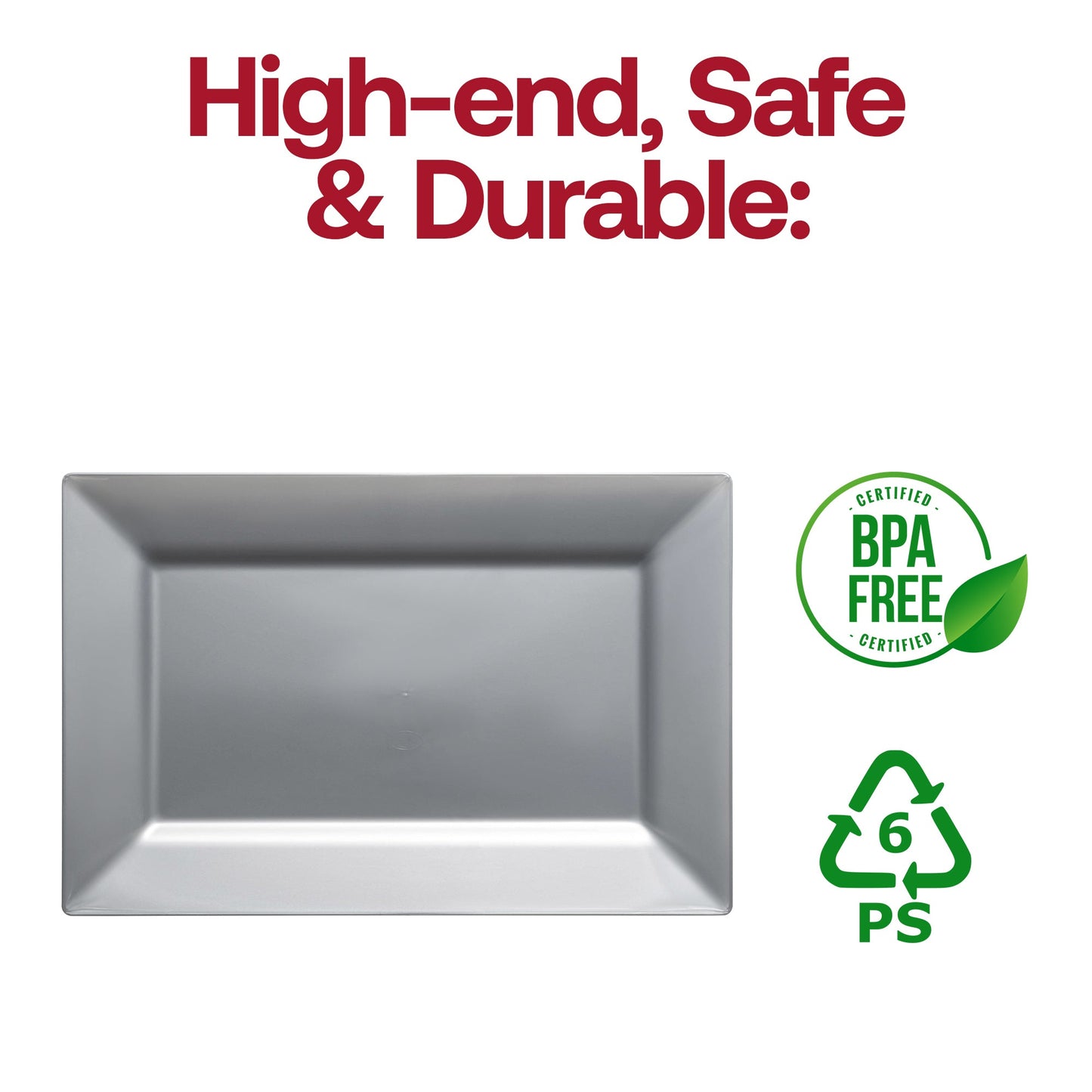 Lightweight silver rectangular dessert plates, 5.5 x 8.5 inches, disposable plastic material, BPA-free