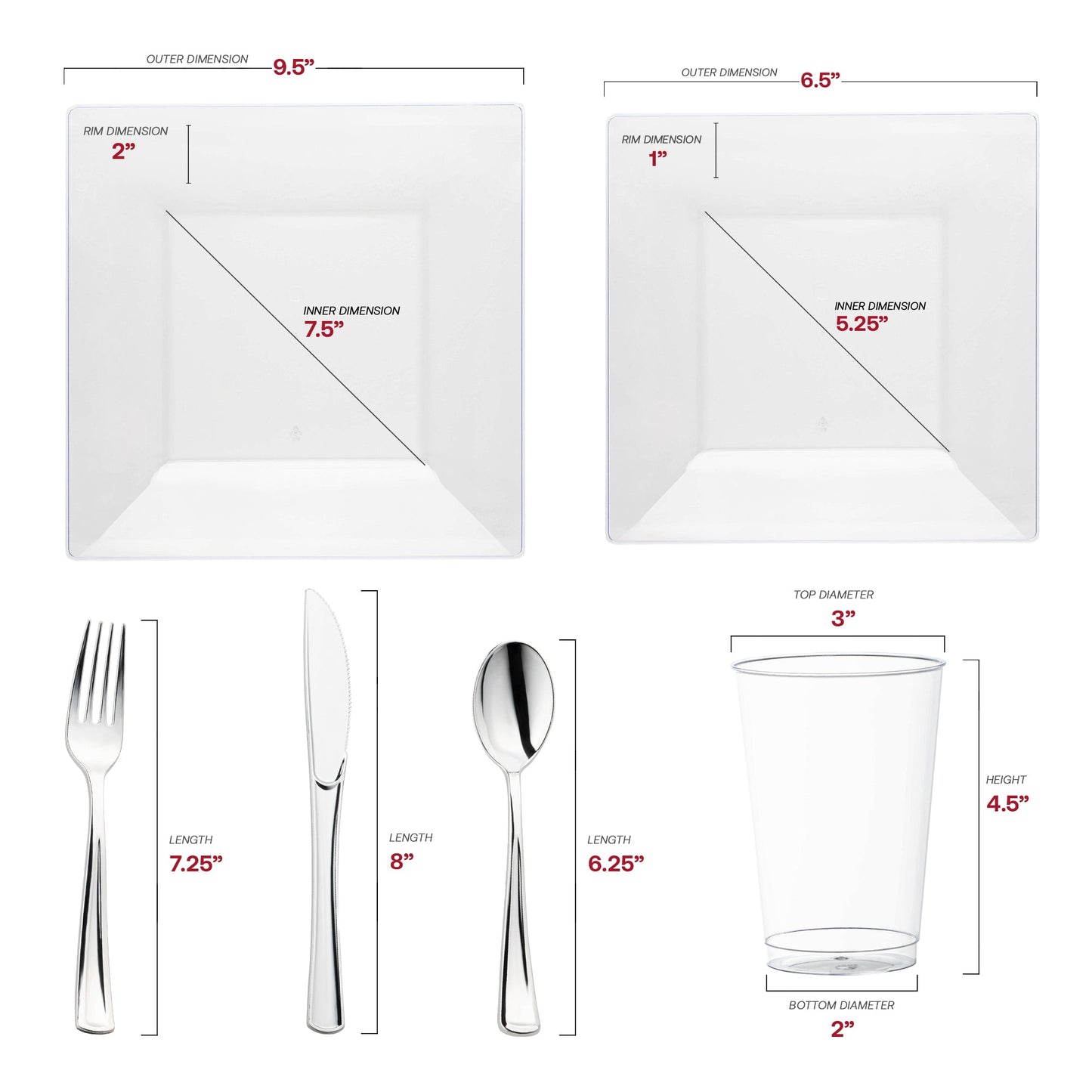Made from BPA-free, recyclable plastic, the Clear Square Plastic Wedding Set provides a safe, sustainable table solution