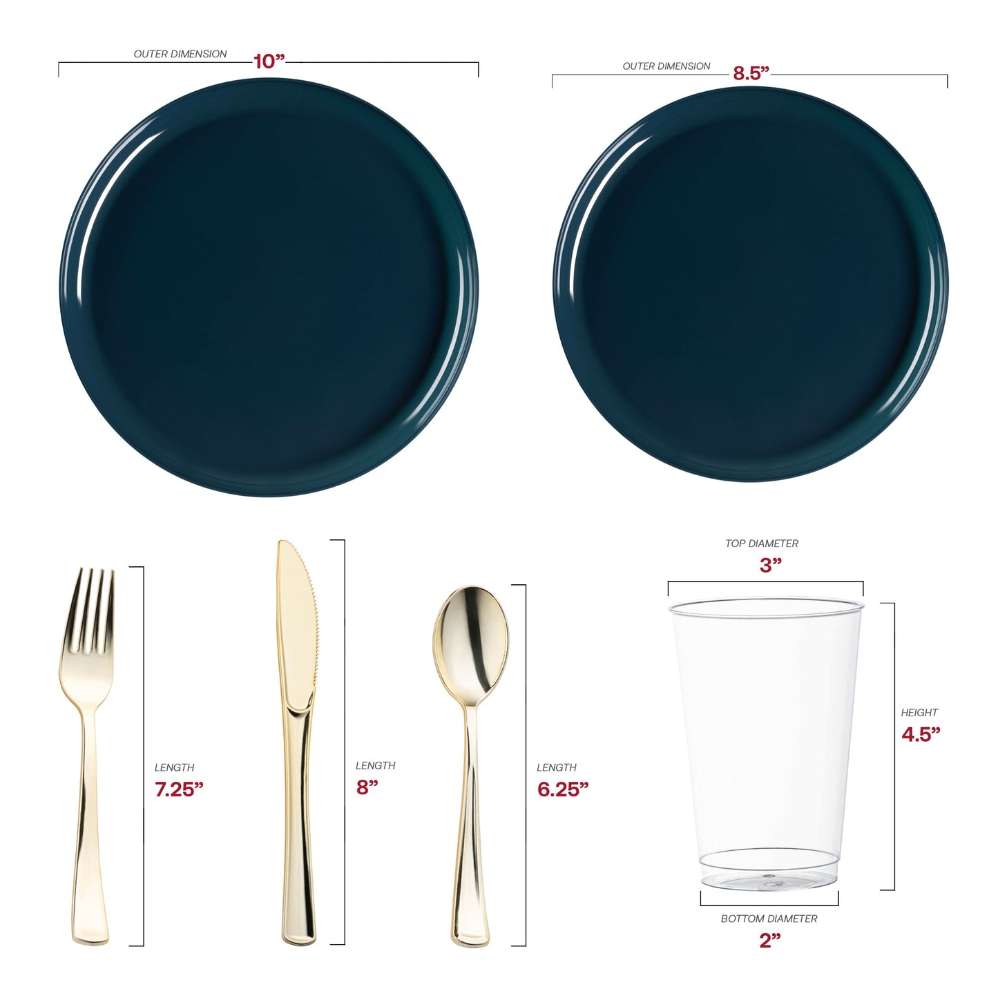 Made from recyclable, BPA-free plastic, the Navy Flat Round Disposable Plastic Wedding Value Set offers a safe, eco-friendly solution for your gatherings