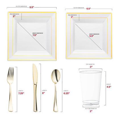Made from recyclable, BPA-free plastic, the White with Gold Square Edge Rim Plastic Wedding Set provides a safe and eco-friendly choice