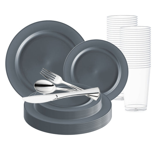 Matte Charcoal Gray Round Disposable Plastic Wedding Value Set with Silver Cutlery, designed for a modern and elegant touch to your table settings, featuring a sleek matte gray finish and stylish silver cutlery