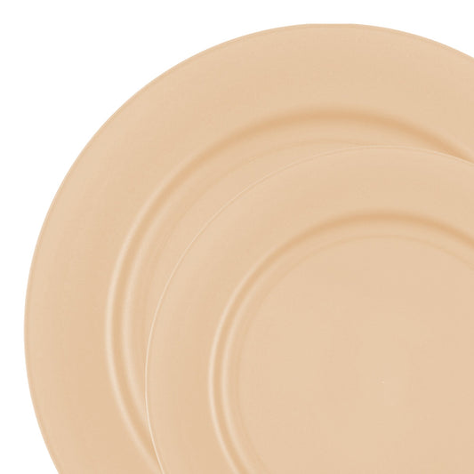 Matte bright yellow round disposable plastic dinnerware set with dinner plates and salad plates, perfect for vibrant event themes