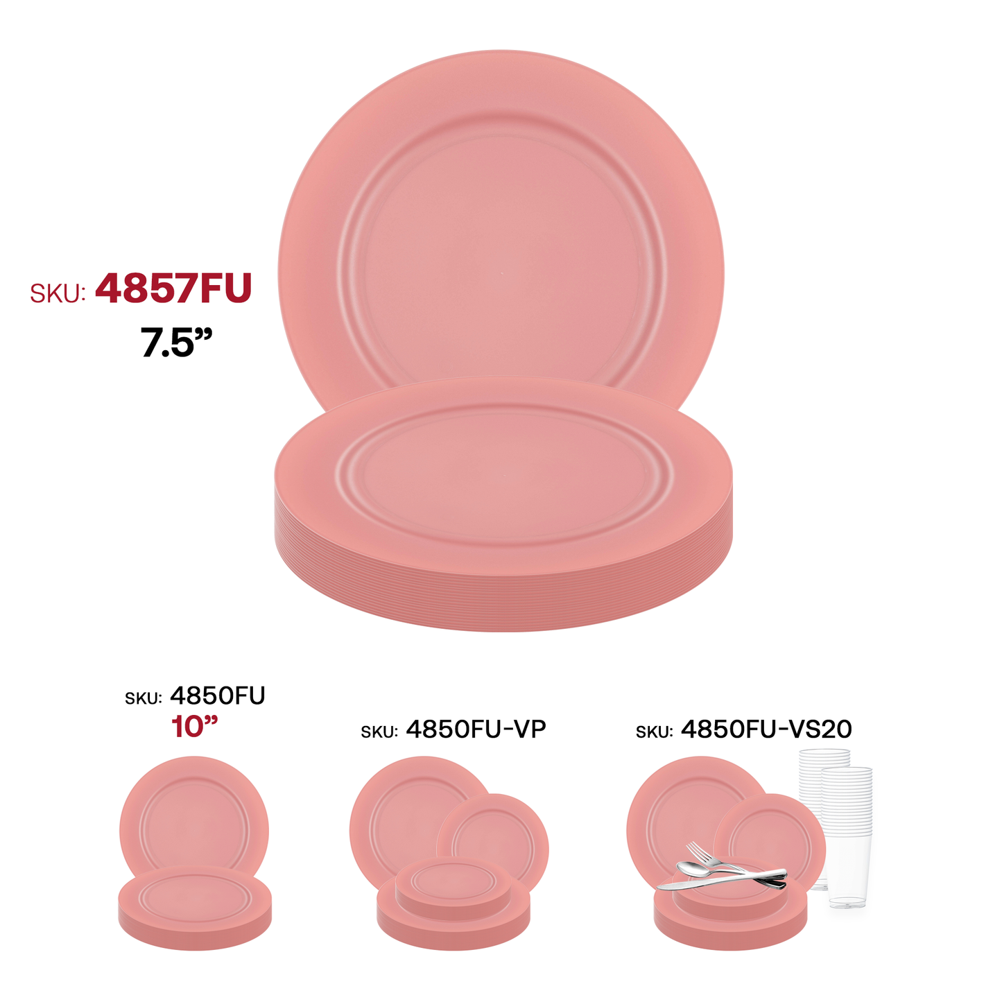 Matte fuchsia plastic plates with a sleek round design, 7.5-inch diameter, sold in a pack of 120 for parties or catering