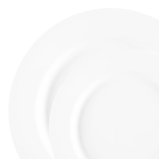 Matte milk white round disposable plastic dinnerware set with dinner plates and salad plates, perfect for elegant and versatile dining setups