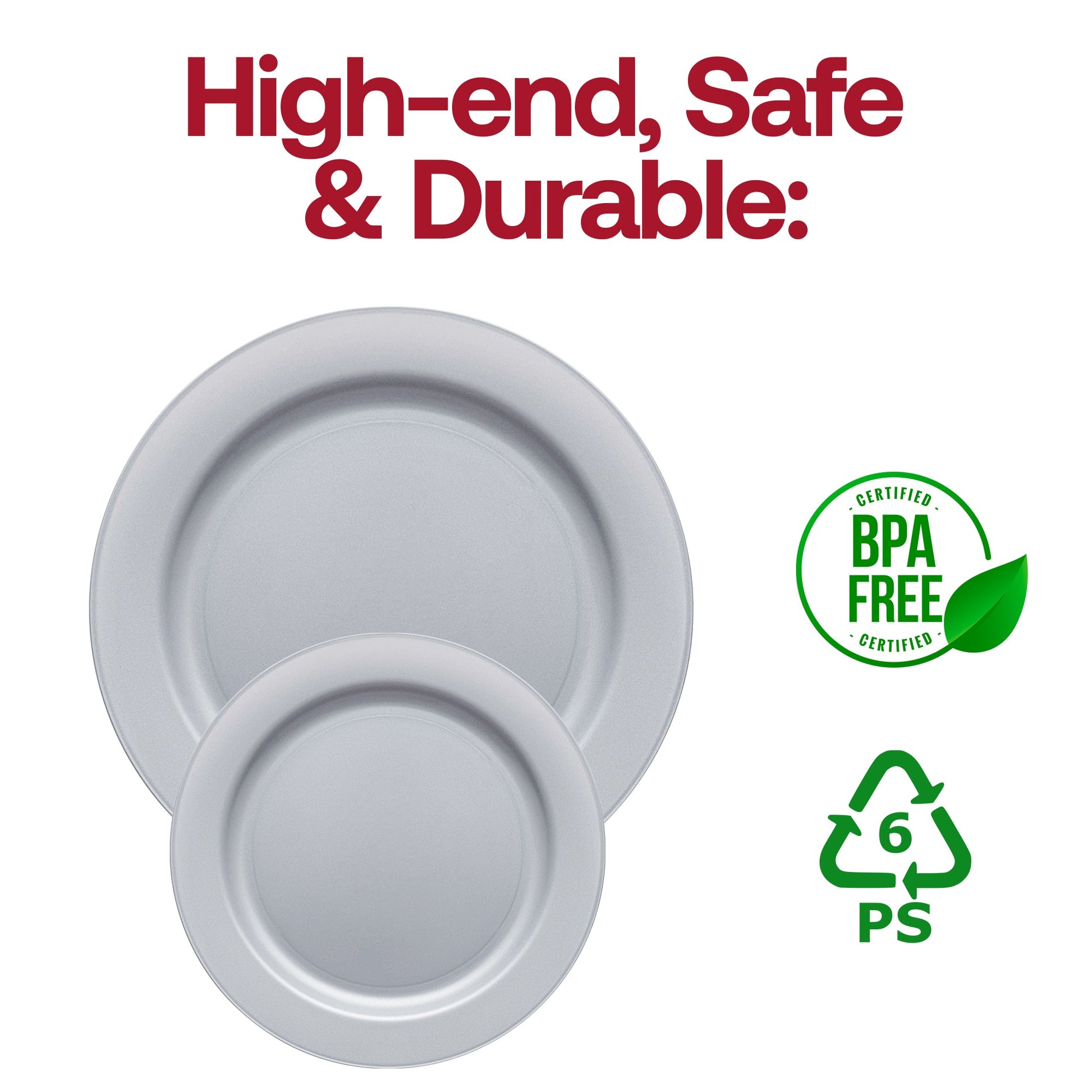 Matte steel gray plastic plates with a sleek round design, 7.5-inch diameter, sold in a pack of 120 for parties or catering