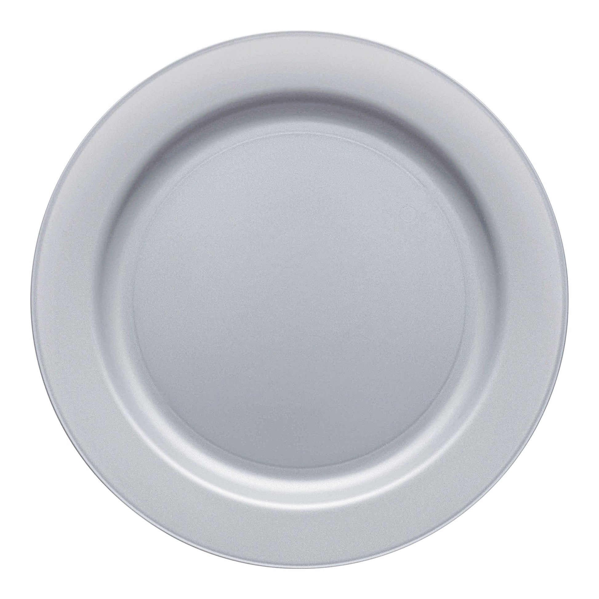 Matte steel gray round plastic appetizer plate, 7.5-inch diameter, disposable design