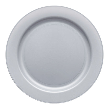 Matte steel gray round plastic appetizer plate, 7.5-inch diameter, disposable design