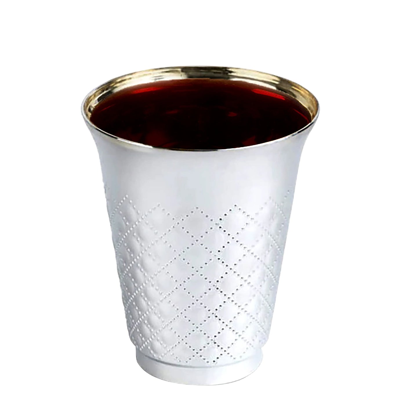 Metallic aluminum-style silver round plastic Kiddush cups, 5-ounce size, perfect for Shabbat, holidays, and special occasions